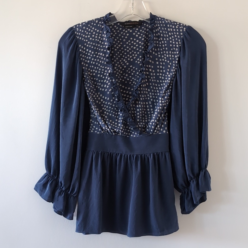 BCBGMaxAzria Blue Silk Tie Blouse with Puff Sleeve Size XS